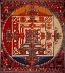 Gudinnen Mandala de Vajravarami danser (i midten) navnet betyr "" adamantine laie""". Tibet 1800-tallet. Paris, Musée Guimet