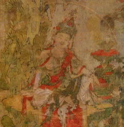 Tibetansk kultur: Vann og måne Kuan-Yin (Guanyin). Tempera på silke, størrelse: 101,5x59,5, Tidlig 1100-tall, State Hermitage, St. Petersburg