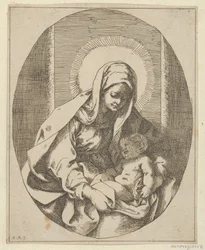 Jomfruen holder spedbarnet Kristus på fanget, en oval komposisjon, etter Reni, 1620-50., 1620-50.
