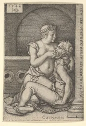 Cimon satt mot en søyle til høyre, og die fra Pero som kneler ved siden av ham, 1544.