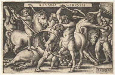 Hercules med klubben sin i sentrum kjemper mot en kentaur, andre menn kjemper mot kentaurer til venstre for en..., 1542.