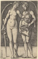 Judith står til høyre og holder hodet til Holofernes i høyre hånd og en..., ca. 1520-30.