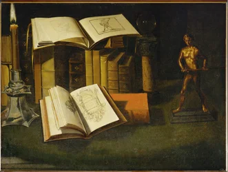 Bok, stearinlys og statuett - Bok, stearinlys og statuett …