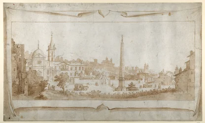 Design for en frontispice med utsikt over Roma inne i Porta del Popolo og utsikt over Pincio (penn og blekk med vask på papir)