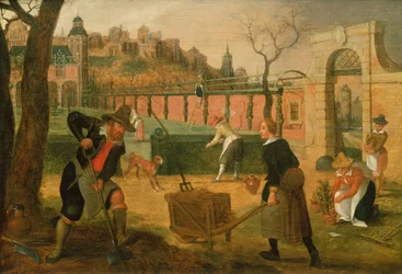 Gardeners at Work (olje på panel)