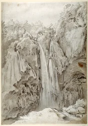 Rocks and falls of the Aniene at Tivoli (penn og brunt blekk med brun vask på hvitt papir)