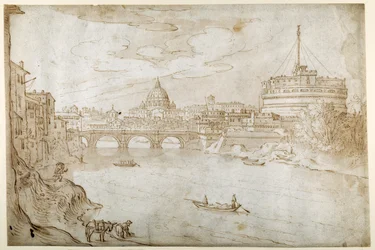 Tiberutsikt mot Peterskirken med Vatikanpalasset og Castel S. Angelo (penn og brunt blekk med brun vask på hvitt papir)
