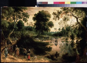Reiser med militæreskorte. Maleri av Sebastiaen Vrancx (1574-1647). Olje på tre, 38,5 x 59 cm, ca 1610. Flamsk kunst, barokkkunst. Pushkin Museum of Fine Arts, Moskva.