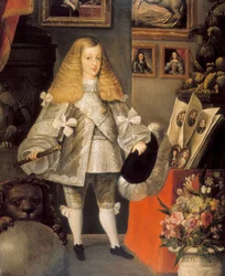 "Portrett av Charles II av Spania (1661-1700) barn" Detalj. Maleri tilskrevet Sebastian av Herrera Barnuevo (1619-1671). 17. århundre.