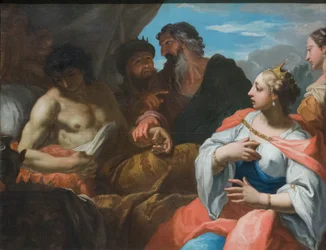Anthiocus besøkt av legen i nærvær av Selevkos og Stratonike, sent på 1600-tallet (olje på lerret)