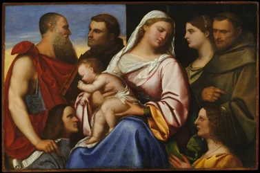 Madonna og barn med helgener og givere, ca. 1485–1547 (olje på tre)