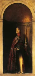 Saint Louis av Toulouse, dekorasjon fra orgeldør, ca 1509, av Sebastiano del Piombo (ca 1485-1547), olje på lerret, 293x137 cm, San Bartolomeo-kirken, Venezia, Italia