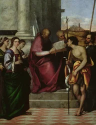 Den hellige Johannes Krysostomos med de hellige Paulus, Liberalis, Johannes Døperen, Cecilia, Katarina og Maria Magdalena, 1509