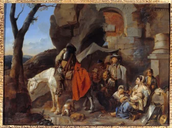 Halt av soldater, tidligere kalt Halte de bohemiens Maleri av Sebastien Bourdon (1616-1671) 1600-tallet Sun. 0,43x0,58 m