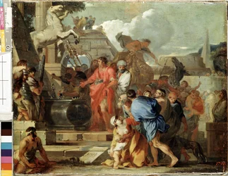 Keiser Augustus besøker Aleksander den stores grav under felttoget i Egypt. Maleri av Sébastien Bourdon (1616-1671), 1650-1660. Mål 45.5x56.5 cm. Eremitasjemuseet, St. Petersburg