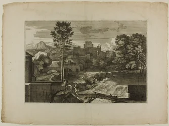 Foss ved en steinbro, med slott i det fjerne