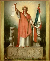 Republikken. Personifisering av republikken (Marianne) som bærer et pergament der det er skrevet "folkets suverenitet"" og tricolor flagget. Maleri av Sebastien Cornu (1804-1870)