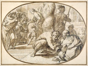 En dronning som deler ut almisser til en forkrøplet tigger i templet i Jerusalem, tidlig på 1600-tallet (penn og brunt blekk med brun vask)