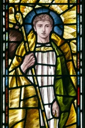 Mortehoe, St Mary, Heaton Butler & Bayne, Selwyn Image, Archangel St Raphael detalj, ca. 1890