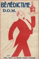 Reklame for fordøyelsessystemet (likør) "" Benedictine"" (D.O.M.) En kaffegutt bærer en flaske på et brett. Tegning av Sem (1873-1932). 1911.