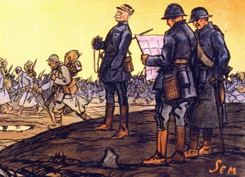 General Ferdinand Foch (1851 - 1929) ser troppene sine marsjere gjennom slagmarken. Detalj av en plakat for det nasjonale lånet «I det siste kvarteret... hjelp meg! Tegninger til det nasjonale lånet mottas ved Sem»
