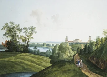 ""Landskap med en gård i parken i Tsarskoye Selo"" av Semyon Fyodorovich Shchedrin (Semion Chtchedrine) (1745-1804). Gouache og blekk på papir
