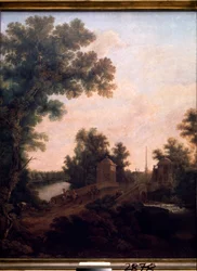 Steinbroen i Gatchina Palace Park. (Sankt PETERSBOURG). Maleri av Semyon Fyodorovich Shchedrin (Semion Shchedrin) (1745-1804), olje på lerret