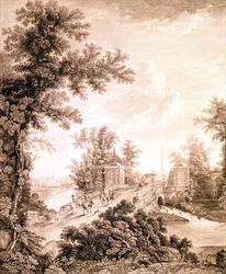 Utsikt over Connetable Obelisk i Gatchina, gravert av Ivan Dmitrievich Telegin (f.1779), ca. 1800 (etsing med gravering)