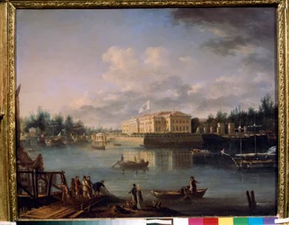 Utsikt over Kamennoostrovsky-palasset fra Strogonov-vollen, St. Petersburg. Maleri av Semyon Fyodorovich Shchedrin (Semion Shchedrin) (1745-1804), olje på lerret