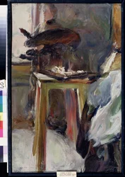 Kunstner Olga Natalyina på jobb (kunstner Olga Natalyiana på jobb). Maleri av Semyon Gavrilovich Nikiforov (1877-1912), olje på lerret