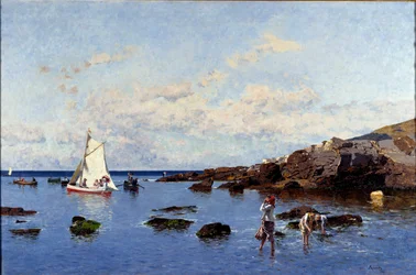 Strandutsikt nær Genes, Italia (Utsikt over rivieraen, Genova, Italia) Maleri av Serafin Avendano Martinez (ca. 1838-1916) 1881 Dim 85x132 cm Genes, Galleria d'Arte Moderna