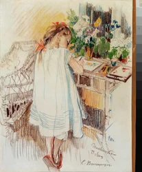Une petite (A Little One) - Oeuvre de Sergei Arsenyevich Vinogradov (1869-1938), crayon de couleur sur papier   1325051   no       norwegian Successfully Translated  Original: Blumenstillleben mit Weintrauben, Kürbis und Granatäpfeln Translat: Blumenstilll