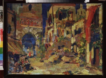 Utsikt over en gate. Forberedende dekor for operaen Don Quijote av Jules Massenet (1842-1912). Maleri av Sergei Ivanovich Petrov (1881-1936), olje på lerret. Russisk scenografisk kunst, 1900-tallet. State Central M. Glinka Museum of Music, Moskva.