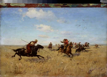 Kamp mellom Dnepr-kosakker og tatarer - Maleri av Sergei Ivanovich Vasilkovsky (1854-1917), olje på lerret