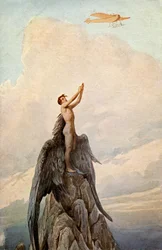 Transportere. Luftfart. Drømmen om Ikaros. Icarus og fly. Illustrasjon av J. Solomko, Ungarn, ca. 1916. (postkort)