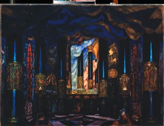 Forberedende dekor for teaterstykket ""På den andre siden av livet"" av Jacinto Benavente (1866-1954) (Scenedesign for teaterstykket Other side of Life av J Benavente) - Verk av Sergei Yurievich Sudeykin (Serge Soudeikine) ( 1882-1946), tempera s