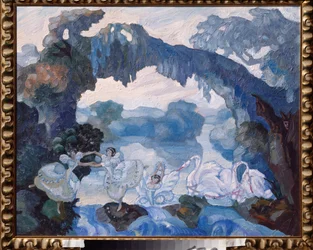 Forberedende dekor for balletten ""Le Lac des Cygnes"" av Piotr Tchaikovsky (1840-1893) (Scenedesign for Balletten Svanesjøen av Tchaikovsky) - Verk av Sergei Sudeykin (Serge Soudeikine) (1882-1946), olje på papp
