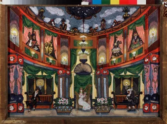 Forberedende dekor for operaen ""Les contes d'Hoffmann"" av Jacques Offenbach (1819-1880). Verk av Sergei Yurievich Sudeykin (Serge Soudeikine) (1882-1946), akvarell og gouache på papir