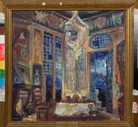 Forberedende dekor for den komiske operaen ""La fille de madame Angot"" av Charles Lecocq (1832-1918) (Scenedesign for operetten La Fille de Madame Angot av Ch Lecocq) - Verk av Sergei Yurievich Sudeykin (Serge Soudeikine) (1882) -1946), gouache og tempera