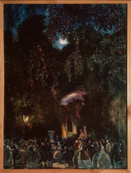 Spania. (Fritidsscene, firmavandring i gata, kveld). Maleri av Sergei Yurievich Sudeykin (Serge Soudeikine) (1882-1946), olje på lerret, ca 1910. Russisk kunst, 1900-tallet. Statens friluftsmuseum for historie, arkitektur og kunst, Psko