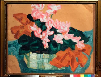 Fleurs, Nature morte (Blomster, stilleben) - Verk av Sergei Yurievich Sudeykin (Serge Soudeikine) (1882-1946), olje på papp - Russisk kunst, modernisme, art nouveau, 1900-tallet - State United Art Museum, Kostroma (Russland)