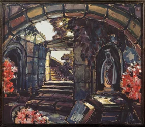 Preparatory decoration for the play "Sister Beatrice" by Maurice Maeterlinck   1402627   no       norwegian Successfully Translated  Original: Une petite (A Little One) - Oeuvre de Sergei Arsenyevich Vinogradov (1869-1938), crayon de couleur sur papier Tra