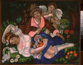 Allegorisk scene. (Et par elskere, omgitt av et par duer og Amor som spiller musikk). Maleri av Sergei Yurievich Sudeykin (Serge Soudeikine) (1882-1946), olje på lerret, ca 1910. Russisk kunst, 1900-tallet, art nouveau, modernisme.