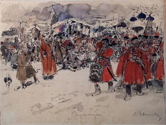 Troop of Streltsy (eller Strelets), et russisk militært organ som har eksistert fra 1500- til 1700-tallet (The Streltsy). Verk av Sergei Vasilyevich Ivanov (1864-1910), akvarell på papir, russisk kunst, sent på 1800-tallet tidlig på 1900-tallet. State Unit