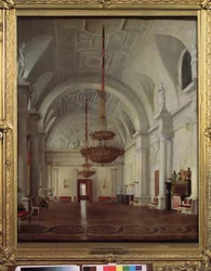 Utsikt over den hvite salen til vinterpalasset i St. Petersburg. Maleri av Sergey (Sergei, Sergei) Konstantinovich Zaryanko (Zarianko) (1818-1870), olje på lerret. russisk kunst