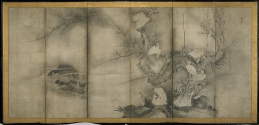 Willow, Egrets in Plomme and Willow, Seks-panels foldeskjerm (blekk på papir)