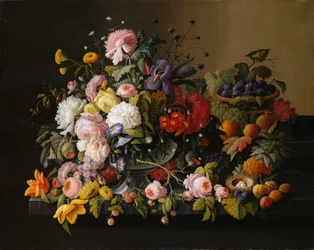 Stilleben: blomster og frukt