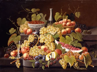 Stilleben med frukt og champagne,