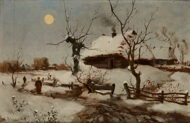 Hytter i snø (olje på lerret)