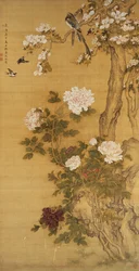 Peoner, fugler og magnoliatre, hengende skriftrull, Qing-dynastiet (farge på silke)